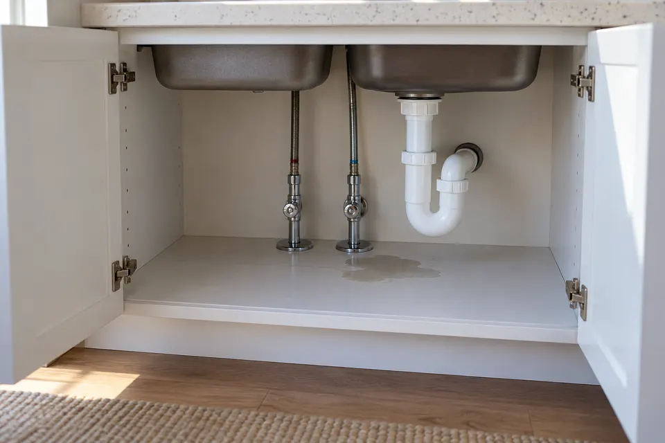 Generated illustration of moisture beneath a sink in a Sarasota home.