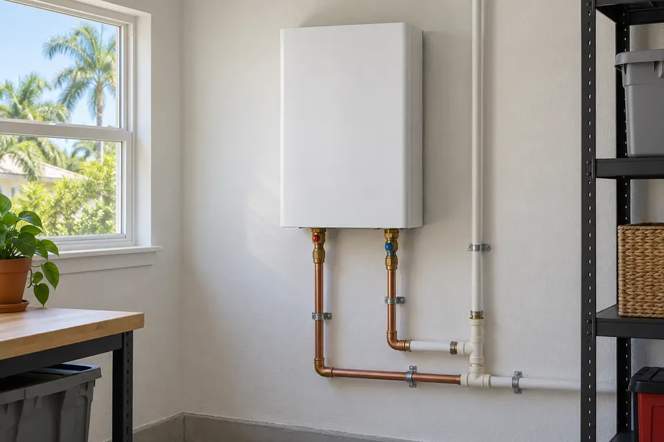 Generated illustration of an electric tankless water heater in Sarasota.