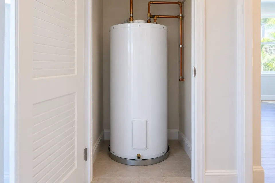 Generated illustration of a residential electric water heater installation area in Sarasota.