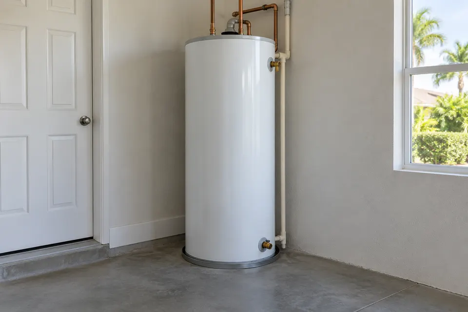 Generated illustration of an electric water heater in a Sarasota utility room.